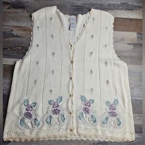 Koret Vintage Sweater Vest Size Women's Large Floal Embroidery Beading